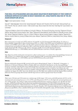 P493 基于口服 ATO/ATRA/抗坏血酸 (AAA) 的首次完全缓解诱导或维持改善了新诊断 APL 的结局